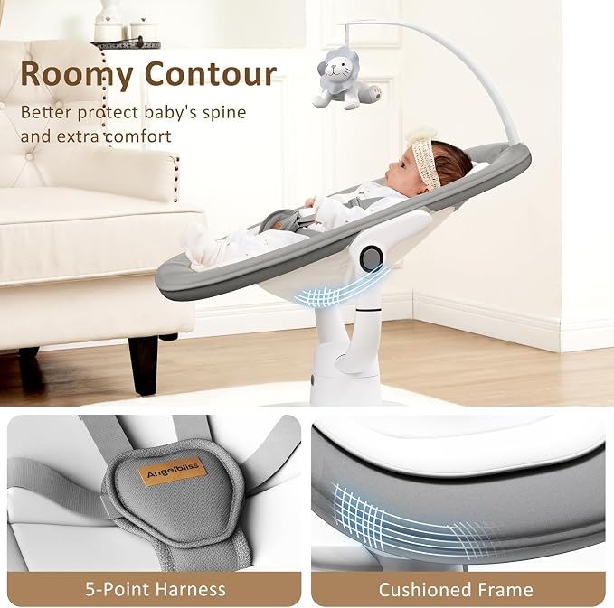 Angelbliss Baby Swing with Custom Motion, 3D-Motion Electric Swing with 6 Unique Motions & 4-Speeds, Bluetooth Enabled, 13 Preset Lullabies (Grey)