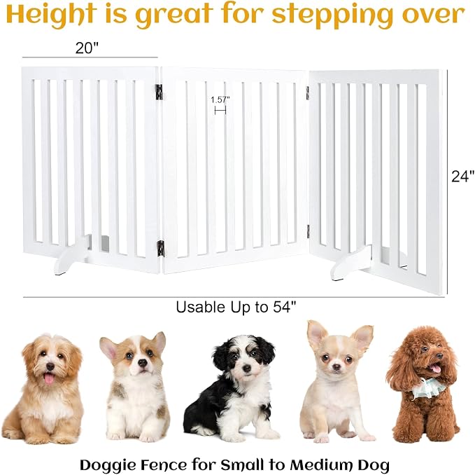 24" Height Dog Gate Pet Gate Foldable with 2PCS Support Feet, 3 Panels Dog Fence Wooden Pet Gates for House Doorways Indoor Outdoor Stairs with Rubber Pads White