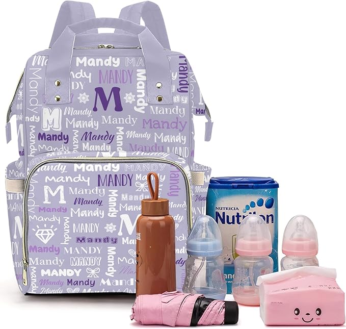 Custom Diaper Bag with Name Personalized Multifunctional Mommy Backpack for Daughter Granddaughter, Purple Daypack Bag for Travel