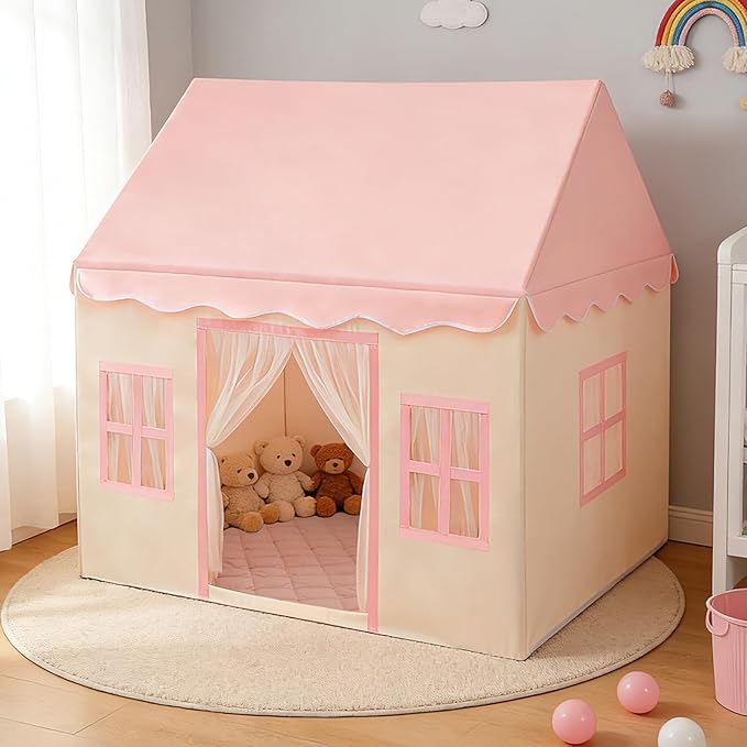 WIRHAO Large Kids Tent with Padded Mat Playhouse with Large Space for Toddlers Indoor Kids Play Tent for Girls Boys with Stars Lights, Carry Bag, Banner Flag (Pink)