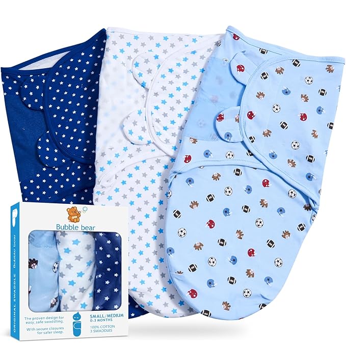 Bubble bear 3 Pack Baby Swaddle 3-6 Months - Infant Adjustable Newborn Swaddles Blanket Baby Girl Boy, Swaddling Wrap Blanket Sleep Sack for Newborn-Blue