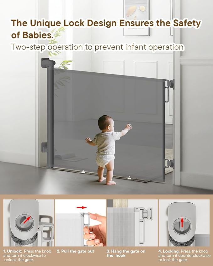 Retractable Baby Gate for Stairs ??34" Height, Expands up to 71" Width, Safety Gate for Infants, Toddlers, Dogs & Pets, Easy Install, Gray Puppy Gate for Indoor & Outdoor Use, Gray