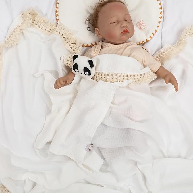 Cotton Muslin Baby Blanket with Tassel,Panda Lovey Security Blanket,Soft Breathable Nursery Decor,Nursing Cover for Newborn Infant Toddler 47"x47" (White)