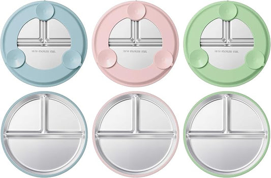 HaWare 3 Pack Stainless Steel Baby Suction Plates, 9 Inch Divided Toddler Plate with Removable Silicone Sleeves, Non Toxic & BPA Free Kids Feeding Set, Dishwasher Safe (Blue/Pink/Green)
