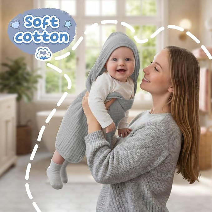 Breling 3 Pcs Muslin Hooded Baby Towels, 32 x 32 Inch 100% Muslin Cotton Newborn Bath Towel Absorbent Blankets Bath Essentials Registry Gift for Newborn, Infant Baby, Toddlers (Light Gray)