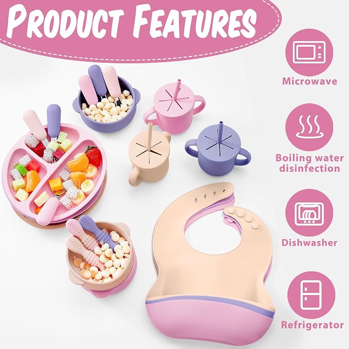 Yinder 24 Pack Silicone Baby Feeding Set Baby Led Weaning Essentials Suction Divided Plate Bowl Spoon Fork Adjustable Bib Snack Cup Straw for 6+ Months(Purple, Pink, Nude)