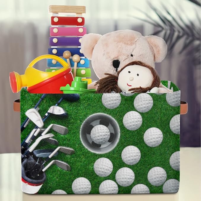 Golf Ball Storage Basket, Sport Golf Ball Foldable Storage Bin with Handle Fabric Rectangular Storage Box Organizer for Closet Shelf Home Office Nursery Toy Basket, 2 Pack