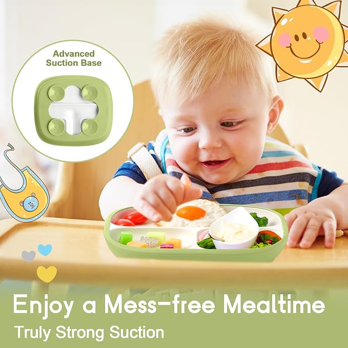 Domensi 3 Set Kids Porcelain Plates with Silicone Sleeves 8.2 Inch Divided Porcelain Plate Toddler White Suction Dishes for Baby Troubleless Eating Microwave Dishwasher Safe (Elegant)