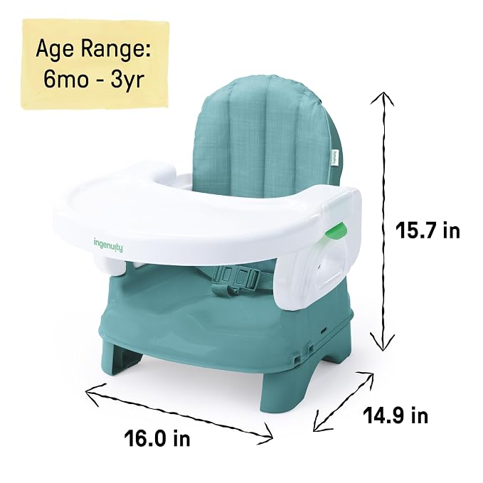 Ingenuity Deluxe Comfort Booster Seat for Kitchen Chair, Compact Fold, Portable, Lightweight, Toddler Booster Seat for Dining Table, from 6 Months to 3 Years – Teal