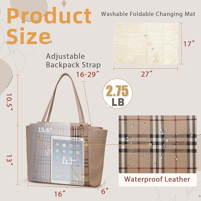 miss fong Checkered Diaper Bag Tote - Leather Diaper Bag Backpack, Large Capacity Mommy Bag Hospital Bag, 12 Pockets Travel Diaper Tote with Changing Pad for Mom Plaid Tote Bag for Women-light brown | Waterproof Leather, Large Capacity