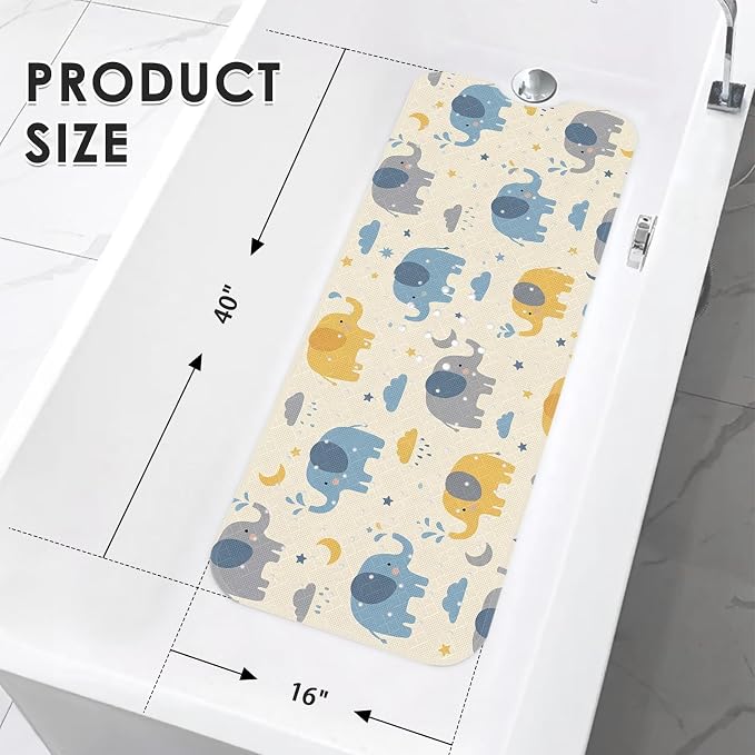 Elephant Cute Blue Bathtub Shower Mat Star Cloud Non-Slip Tub Extra Long Bath Floor 40X16 Inch Machine Washable for Bathroom Tub Bath Mat for Toddler and Baby