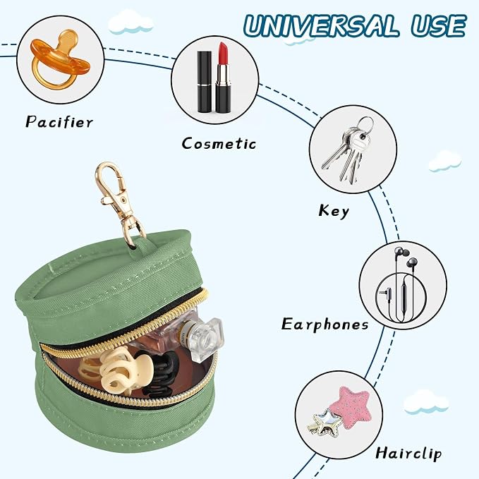 Sage Green Pacifier Holder Case Newborn Pacifier Storage Pouch for Boys Girls Easy Attach to Diaper Bag Portable Baby Essentials Container