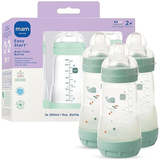 MAM 9oz Easy Start Anti-Colic Wide Neck Vented Baby Bottle, Medium Flow Breastfeeding-Like Nipple, Reduces Colic Gas & Reflux, Easy to Clean, BPA Free, 2+ Months, Made in Europe, 3 Pack