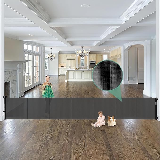 Reinforced 195 Inch Retractable Baby Gates Extra Wide Dog Gate with Support Rods ??Prevent Crawling Under, 16ft Wide Retractable Fence Outdoor Retractable Gate Indoor Long Gates for Kids or Pets/Black
