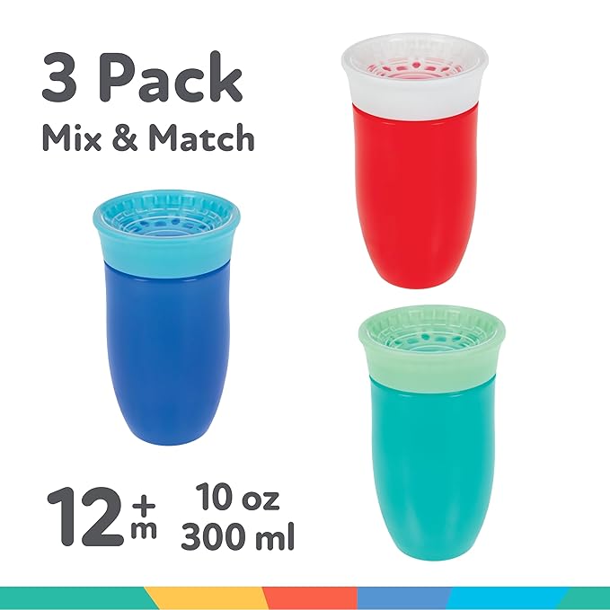 Nuby Wonder Cup - Spill-Proof Toddler Sippy Cups - (3 Pack) 10 oz - Sip from All Sides - Leak Resistant - Spoutless Transition Cup - Green/Red/Blue