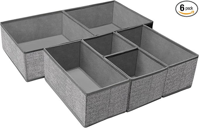Criusia Foldable Underwear Drawer Organizer, Closet Dividers, Storage Box for Clothes, Socks (6 Bins, Gray)