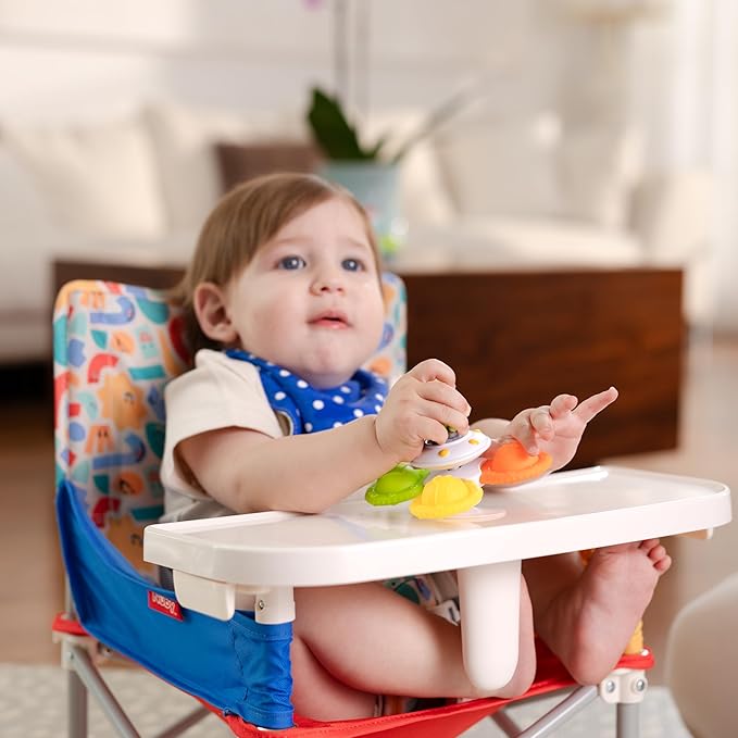 Nuby Pop-Up Booster Seat with Removable Tray - 6+ Months - Portable Booster Seat for Floor for Indoor/Outdoor Use - 3-Point Safety Adjustable Straps - Summer Travel Essentials - Gray