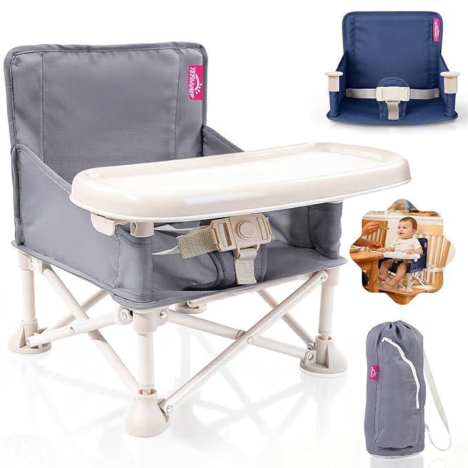 Portable Baby Chair, Baby Beach Chair with 2-Pack Interchangeable Seat Covers, Portable Booster Seat with Tray & Travel Bag, Compact Foldable, Easy-Swap Colors, Perfect for Travel