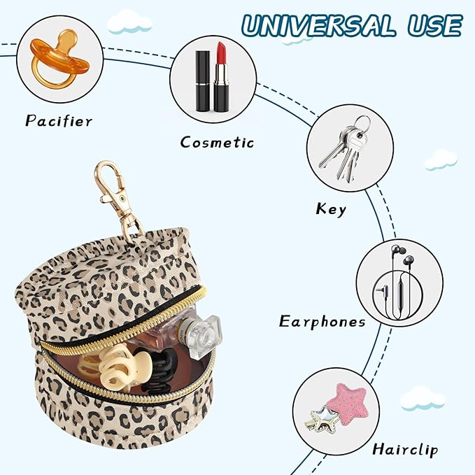 Leopard Brown Beige Pacifier Holder Case Newborn Pacifier Storage Pouch for Boys Girls Easy Attach to Diaper Bag Portable Baby Essentials Container