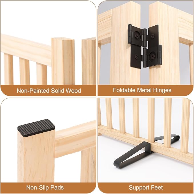 YOCAN Non-Painted Wooden Freestanding Dog Gate, Pet Gate for Indoor Use, Dog Fence for Doorways, Stairs & House, Step-Over Design, Easy to Install-8 Panel 23"