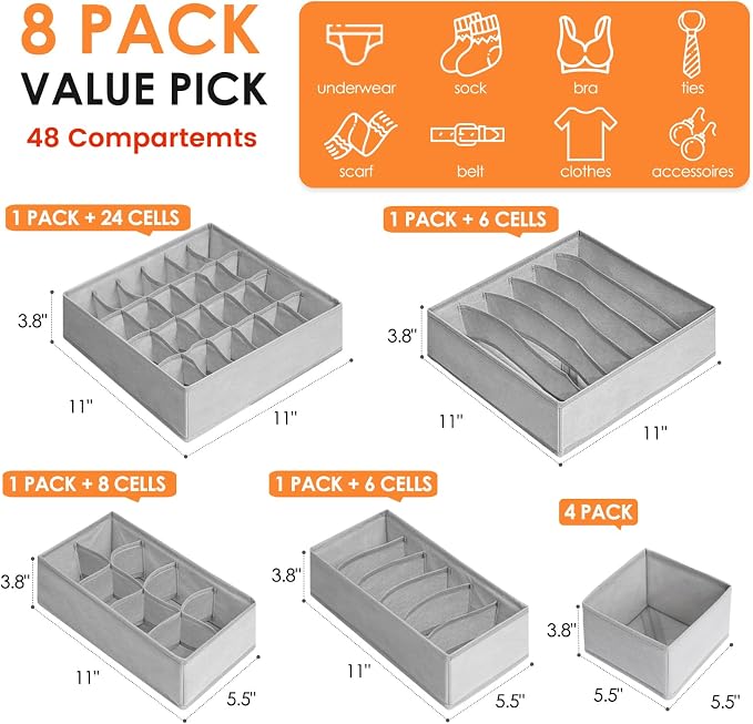 Drawer Organizer Clothes, 8 Pack Dresser Organizer Bins for Baby Clothes, Underwear Sock, Fabric Closet Organization and Storage Dividers for Nursery Bedroom (48 Compartments, Grey)