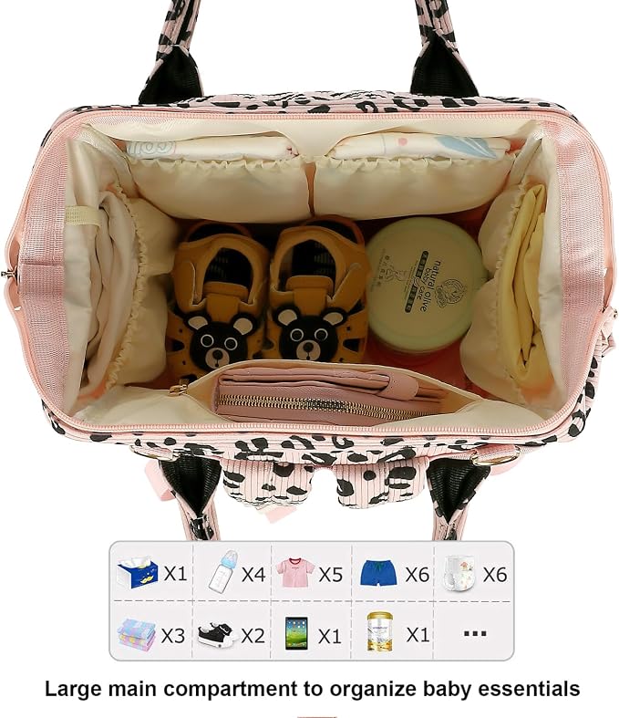 Corduroy Diaper Bag Backpack for Baby Girls Boys, Women Large Nappy Bags for Mom (Pink Corduroy Leopard)