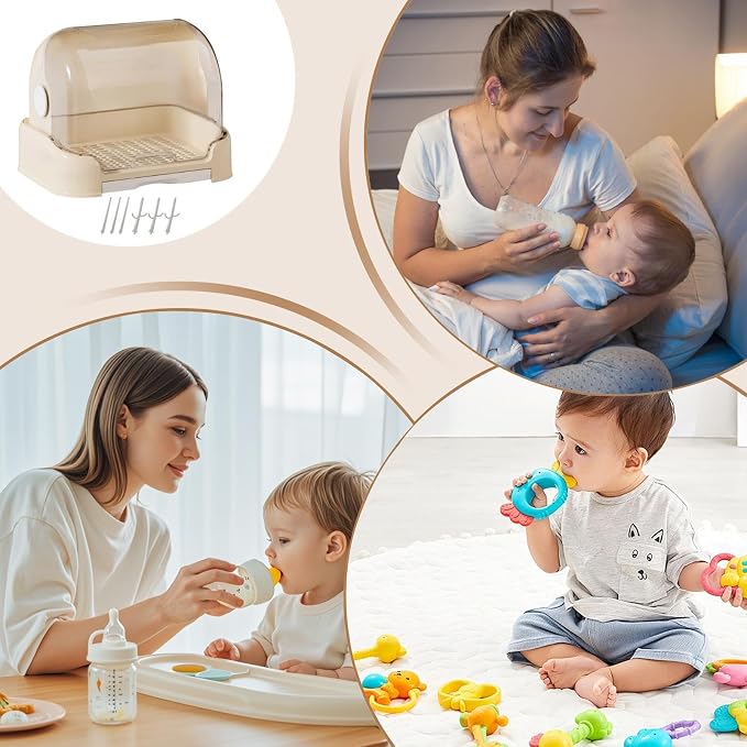 Kid Bottle Storage Box,Kid Bottle Drying Rack with Cover with Lid and Detachable Drain Tray, with 6 Drain Support Racks, for Various Daily Necessities for Kids