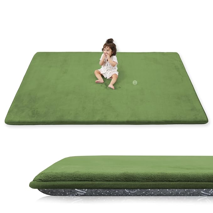 1.3" Thick Baby Floor Play Mat 50x50, Basic Padded Foam Mat for Tummy Time Crawling, Non Slip Cushioned for Babies Toddlers Infants Kids (Olive)