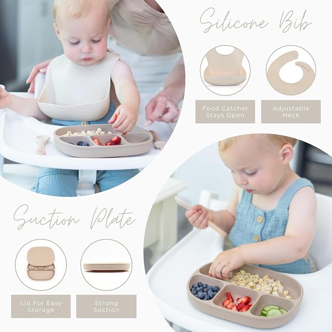 Baby Feeding Set - Baby Must Haves Gift Set - Baby Led Weaning Supplies - Toddler Silicone Dishes - Suction Baby Bowl, Bib, Snack Cup, Utensils, Baby Plate Set of 8 (Pink)
