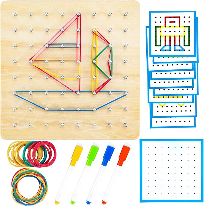 HEELWIRE Wooden Geoboard, Montessori Educational Toy for Kids with Pattern Cards and Rubber Bands to Figures and Shapes, Brain Teaser STEM Geo Board