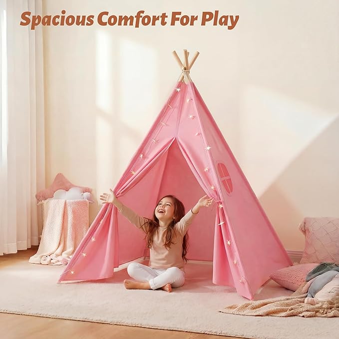 Wilwolfer 2 Pack Teepee Tent for Kids Slumber Party with Lights, Indoor Sleepover Play Tents for Girls, Foldable Toddler Playhouse for Sleepover Parties, Pink