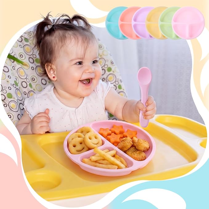 Meanplan 6 Pack Suction Plates for Toddlers with Lids Silicone Baby Plates set Food Grade Silicone Divided Design Microwave and Dishwasher Safe Assorted Colors(Macaron Colors)