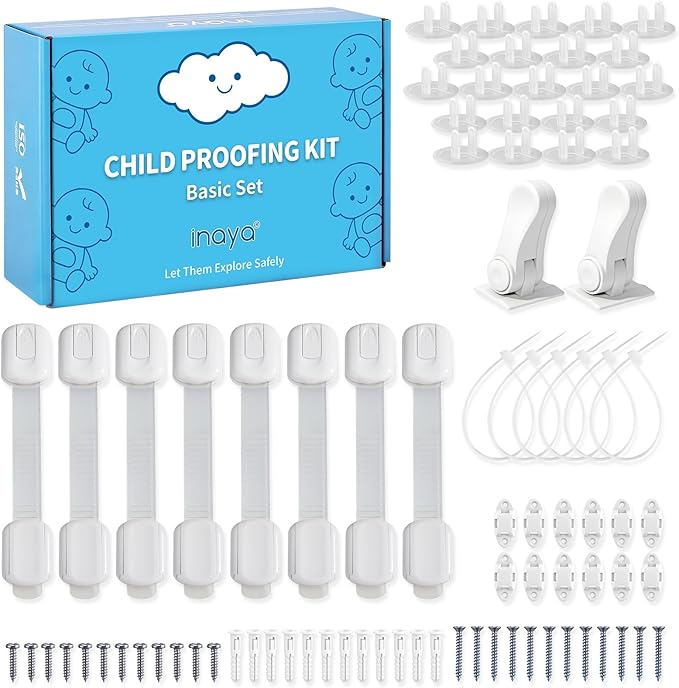Inaya Baby Proofing Kit - Child Safety Hidden Locks for Cabinets & Drawers, Anti-tip Straps, Door Lever Locks and Outlet Covers - Baby Proof Pack to Keep Your Child Safe at Home