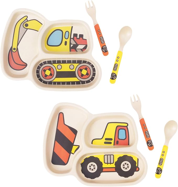Kid Plate Set Bamboo Toddler Plates Dinnerware Dinner Dish Set Baby Feeding Spill Proof Divided Plate - Baby Spoon and fork 3-Piece Set for Kids and Toddlers (excavator/bulldozer)