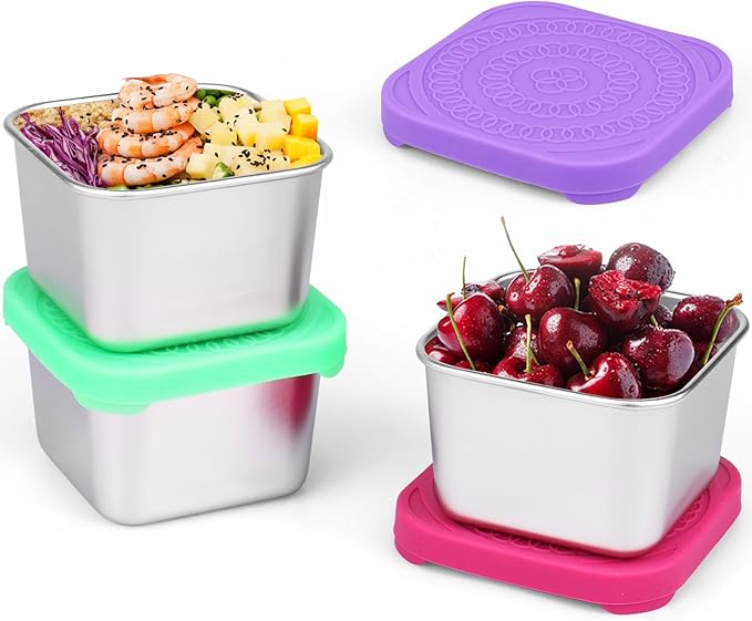 3Pack Stainless Steel Snack Containers 6oz Snack Box Container Leakproof Stainless Steel Snack Cups with Silicone Lids Portable Snack Containers Stackable Freezer Dishwasher Safe for Daycare School