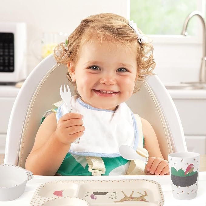 Qshare Bamboo Toddler Dinnerware Set,5Pcs Baby Plates Set,Bamboo Plates and Bowls Set,Christmas Dinnerware Set, Kids Dishes with Plate,Bowl,Cup,Fork and Spoon