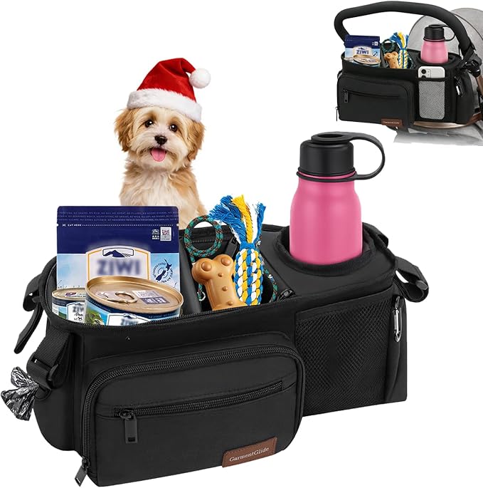 Dog Stroller Organizer Bag, Dog Mom Gifts for Women Pet Stroller Caddy, Stroller Accessories with Cup Holder, Poop Bag Dispenser, Pockets for Dog Essentials, Fits 14??9" Handles, Dog Mom Gift Ideas