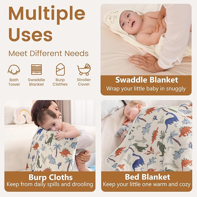 david's kids 2 Pack Hooded Baby Towels, Large 32"x32", 6 Layer 100% Muslin Cotton Highly Absorbent Boy Bath Towel for Newborn, Infant and Toddler, Soft and Breathable Baby Essentials, Dinosaur Story