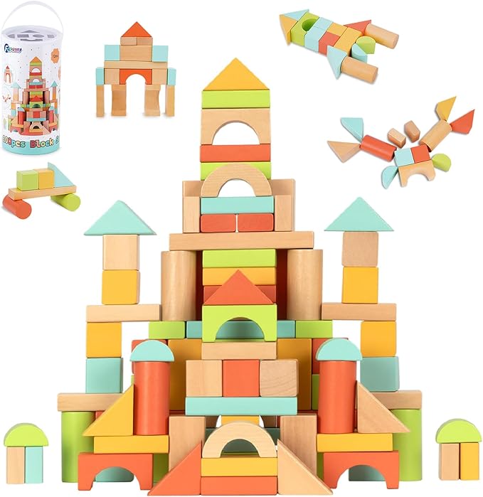 FCSONU Wooden Building Blocks for Toddlers 1-3, 100 Pcs Wood Blocks Set - Sorting & Stacking Toys with Storage and Lid, Kid Montessori Toys Ages 2+, Christmas 1st Birthday Gifts for Boys Girls Baby