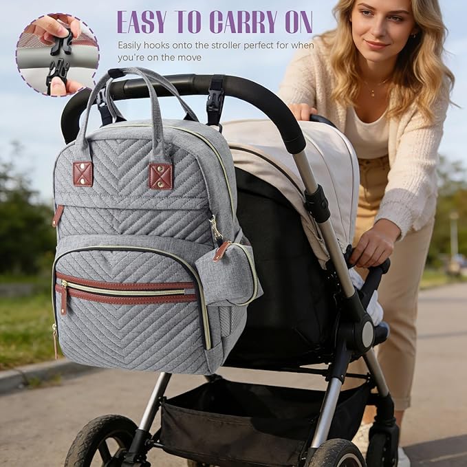 Tuwubi Diaper Bag Backpack with Changing Pad,Baby Essentials, Multi function Waterproof Backpack with Stroller Straps & Pacifier Case Light Grey