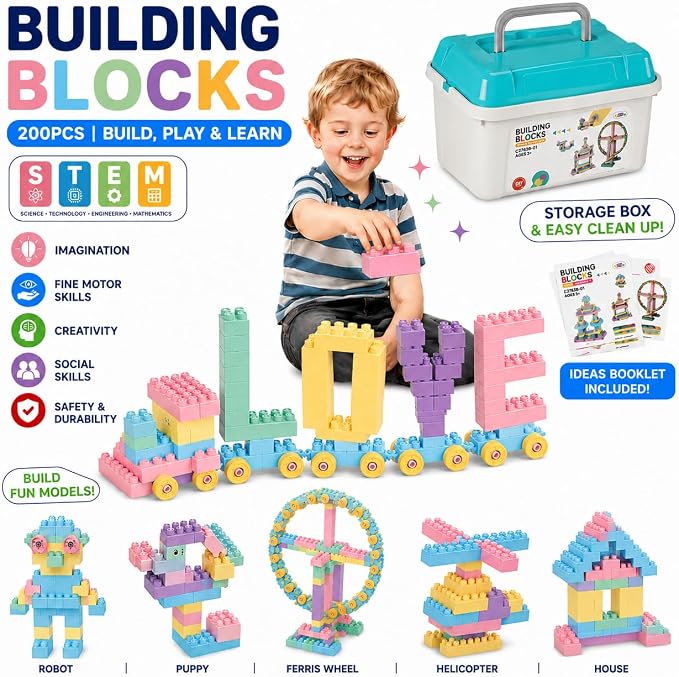 Building Blocks for Toddlers and Kids, 200 Pcs Toy Building Sets, STEM Educational Building Blocks Set for Kids with Storage Box, Ideal STEM Gift for Boys & Girls