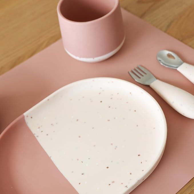 Yeah Baby Goods Silicone Plate for Highchair Trays & Full Set Tables - Duo-Toned, Modern Terrazzo Kids Plates - Dishwasher & Microwave Safe Plates - Non-Suction Baby Dishes(Terracotta/Blush Speckle)