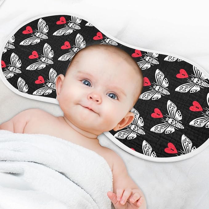 Muslin Baby Burp Cloths Set of 1, Soft Gothic Skull Moth Absorbent Muslin Washcloths, Bibs, Face Towel for Newborn Boys Girls, 22 x 11 Inch
