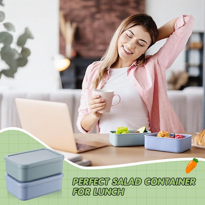 Layhit 2 Pcs Silicone Bento Box for Adults, 27 oz Bento Lunch Container Reusable Food Container for Women Men, Leak Proof Microwave Dishwasher Freezer Safe (2 Compartments,Gray Blue,Green)