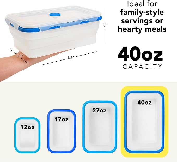 ECOBERI Collapsible Food Storage Containers, Silicone Large 3 Piece 40 oz Set, BPA-Free Meal Prep and Leftover Containers with Airtight Lids, Space-Saving, Freezer Safe
