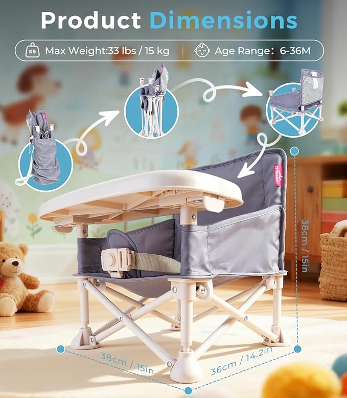 Portable Baby Chair, Baby Beach Chair with 2-Pack Interchangeable Seat Covers, Portable Booster Seat with Tray & Travel Bag, Compact Foldable, Easy-Swap Colors, Perfect for Travel