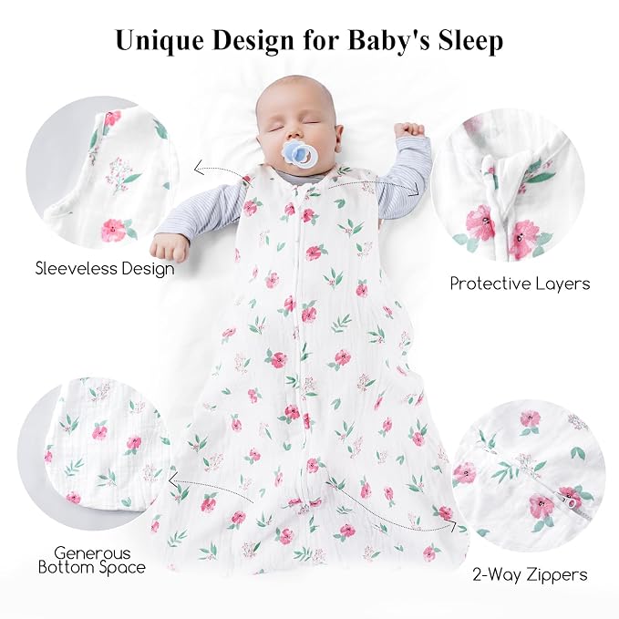 david's kids Muslin Cotton Baby Sleep Sack 0-6 Months, 2 Pack 100% Cotton Sleeping Bag for Summer, TOG 0.5 Baby Wearable Blankets with 2-Way Zipper, Soft Sleep Sacks for Newborn Infant, Floral