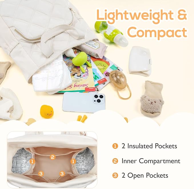 mommore Quilted Diaper Bag Backpack, Small Baby Bags, Lightweight Mini Diaper Backpack for Travel, with Insulated Pockets, Changing Pad (Beige)