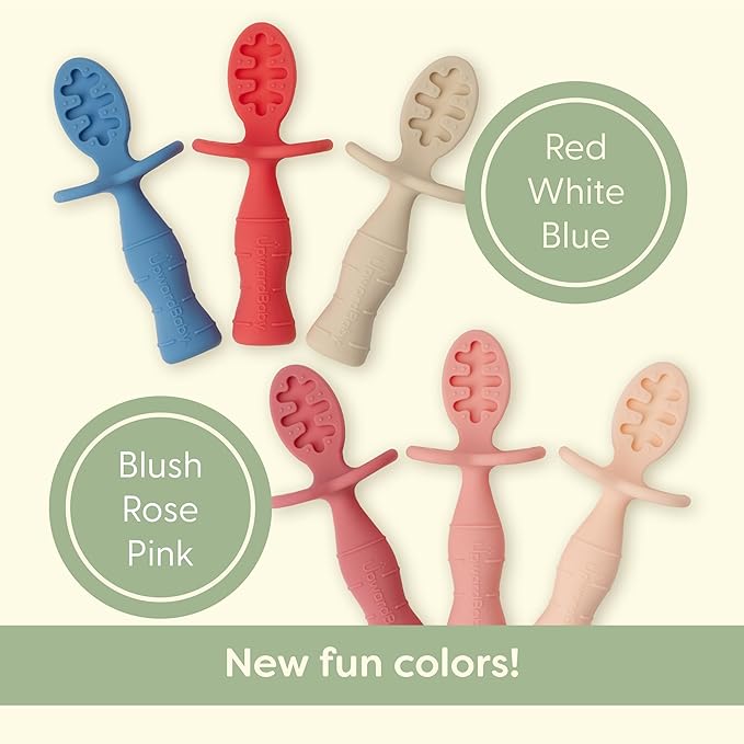 Upward Baby Spoons Self Feeding 6+ Months - 3 Pack, Chewable Toddler Utensils with Anti Choke Barrier, Baby Feeding Essentials, Baby Spoons 4 months, Silicone Spoons, Red White Blue