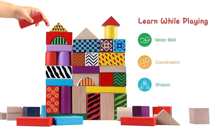 Offelec 50 Pcs Wooden Building Blocks Set with Storage Bucket, Montessori Stacking Blocks & Shape Sorting Toys for Toddlers, Preschool Learning Toys for Boys & Girls, Kids Brightly Colored Blocks